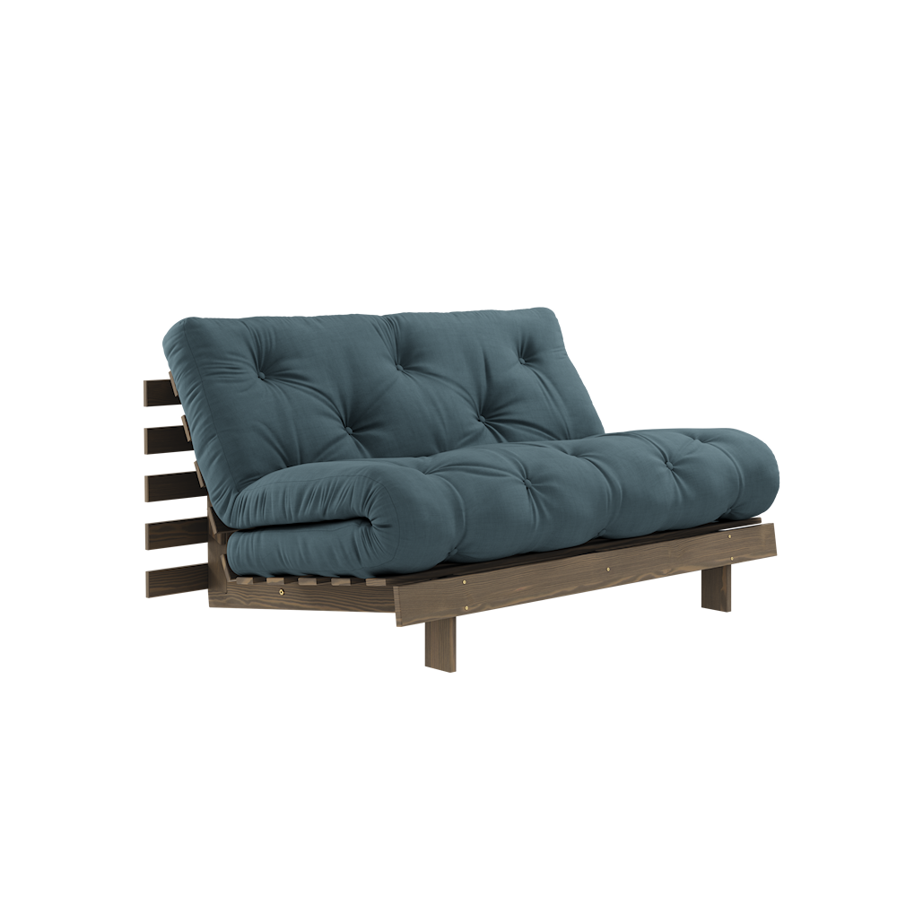 KARUP DESIGN Petrolejově modrá rozkládací pohovka ROOTS s konstrukcí z tmavě hnědého dřeva 140x200 cm