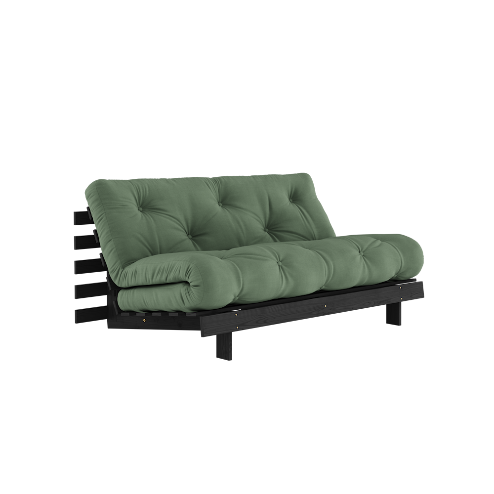 KARUP DESIGN Olivově zelená rozkládací pohovka ROOTS s konstrukcí z černého dřeva 160x200 cm